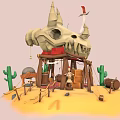 Cartoon Desert Scene Featuring Skull Head Tent Cacti Barrels Figure Ropes And Stones