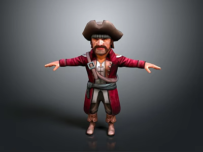 Cartoon Pirate Man In Red Coat With Brown Hat And Open Arms Pose 3d model