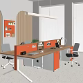 Modern Office Open Workspace With Partitioned Desks Wooden Desktop And Office Chairs Desk Lamps Notebooks