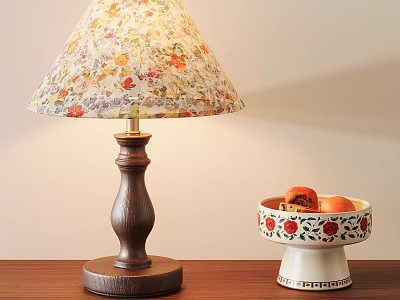 Decorative Ornament Set With Floral Lampshade Wooden Base And Ceramic Fruit Bowl With Red Design 3d model