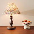Decorative Ornament Set With Floral Lampshade Wooden Base And Ceramic Fruit Bowl With Red Design