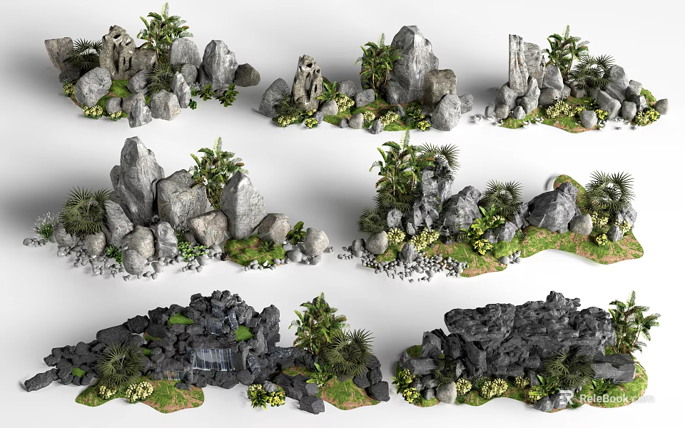 Artificial Rockery Stones Display With Lush Plants And Waterfall Elements 3d model 