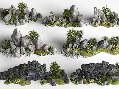 Artificial Rockery Stones Display With Lush Plants And Waterfall Elements 3d model
