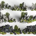 Artificial Rockery Stones Display With Lush Plants And Waterfall Elements