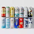 Canned Beverages with Different Brands Designs Multiple Colors Arranged in Two Rows
