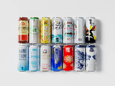 Canned Beverages with Different Brands Designs Multiple Colors Arranged in Two Rows 3d model
