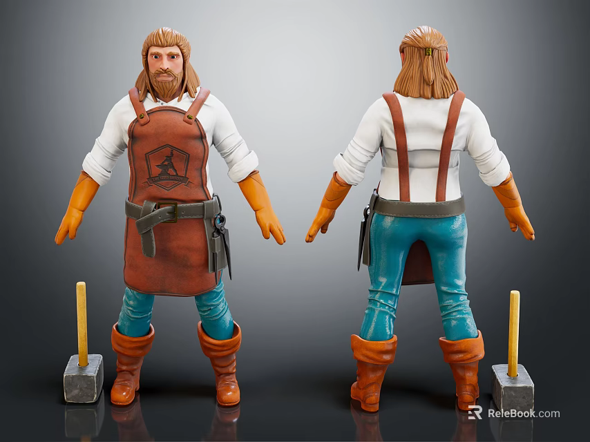 Blacksmith Character Front And Back Views With Apron Boots Gloves Hammer And Anvil 3d model 