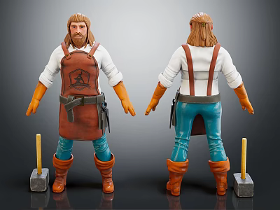 Blacksmith Character Front And Back Views With Apron Boots Gloves Hammer And Anvil 3d model