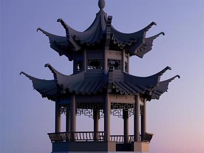 Traditional Chinese Landscape Pavilion With Multi layered Eaves Intricate Carvings And Dusk Sky 3d model
