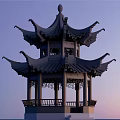 Traditional Chinese Landscape Pavilion With Multi layered Eaves Intricate Carvings And Dusk Sky