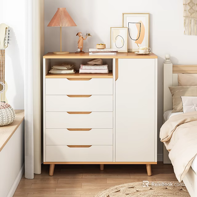 White And Wooden Entryway Side Cabinet With Drawers Wooden Handles And Decorative Items In Bedroom 3d model 