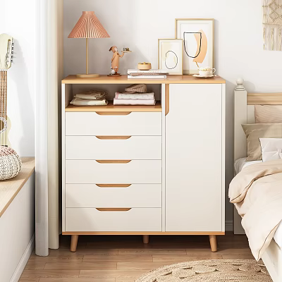 White And Wooden Entryway Side Cabinet With Drawers Wooden Handles And Decorative Items In Bedroom 3d model