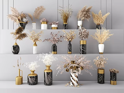 Stylish Vases With Dried Flowers Pampas Grass And Marble Gold Accents On Shelves 3d model