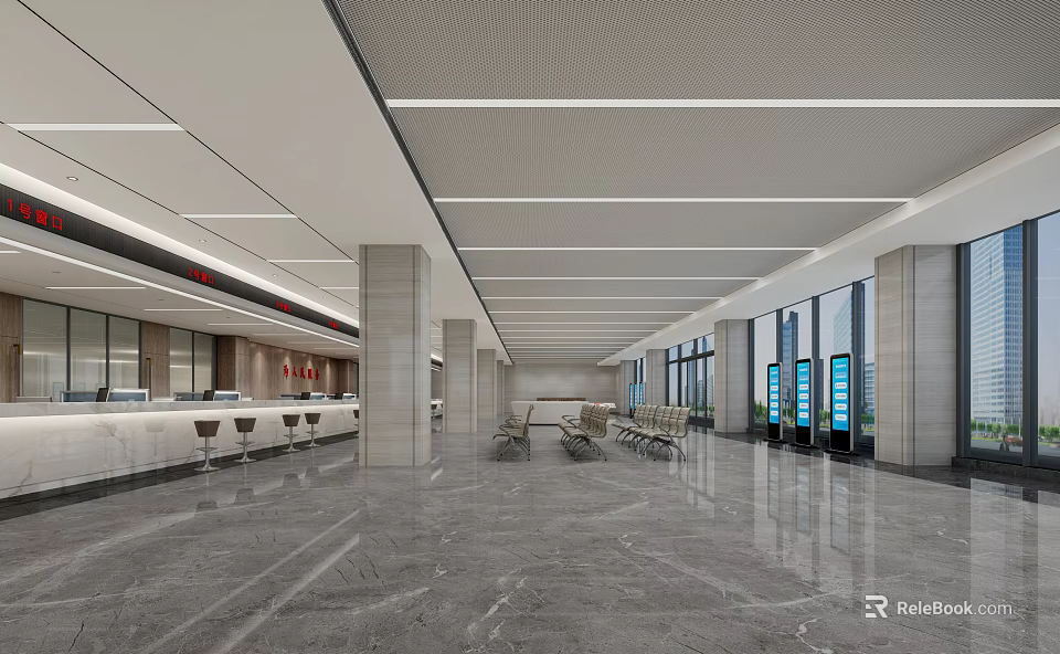 Modern Administrative Service Hall with Marble Floor Service Desk Self Service Kiosks and Large Windows 3d model 