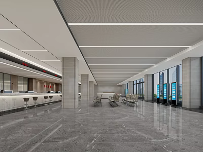 Modern Administrative Service Hall with Marble Floor Service Desk Self Service Kiosks and Large Windows 3d model