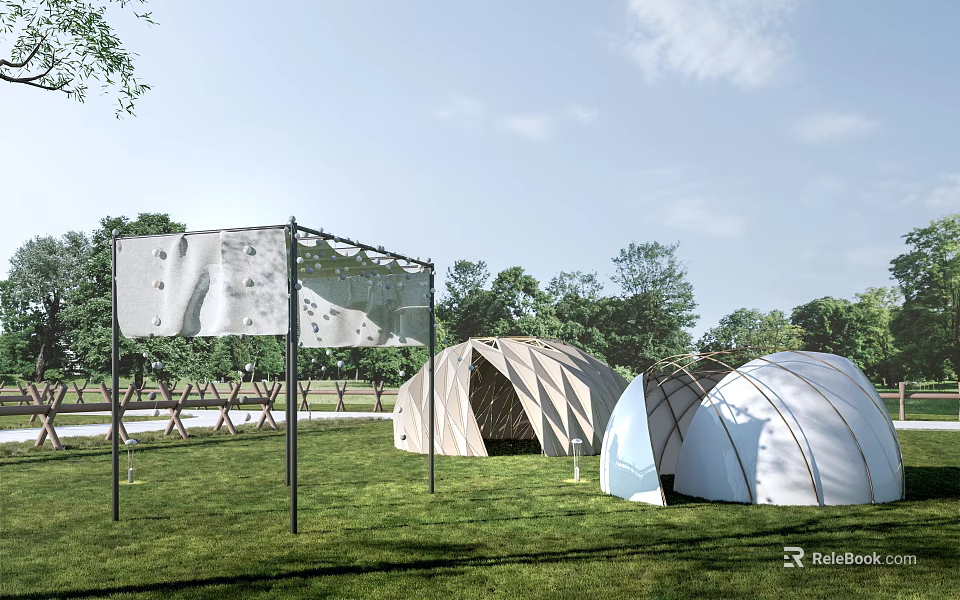 White Dome Shaped Tents On Green Grass With Trees And Blue Sky 3d model 