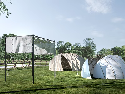 White Dome Shaped Tents On Green Grass With Trees And Blue Sky 3d model