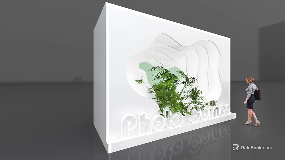 Photo Corner With White Curved Display Structure And Green Plants 3d model 