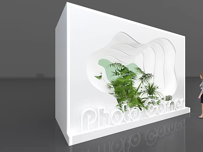 Photo Corner With White Curved Display Structure And Green Plants 3d model