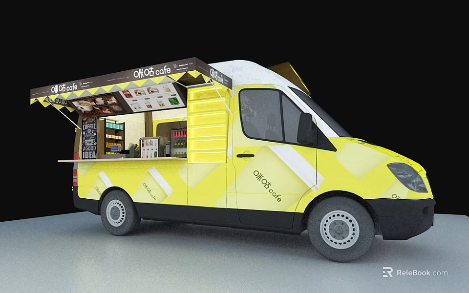 Choco Cake Food Truck with Yellow White Body Open Awning Serving Window and Menu Board 3d model 