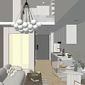 Modern Apartment Interior Featuring Vertical Blinds Spherical Chandelier White Sofa Wicker Chair And Art Painting