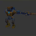 3D Game Movie Robot Character With Orange Blue Mechanical Armor And Weapon Arm