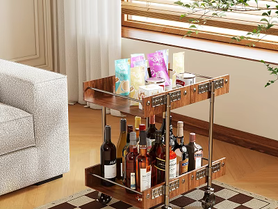 Rolling Metal Frame Side Table With Glass Tray Colorful Boxes Wine Bottles By Sofa 3d model