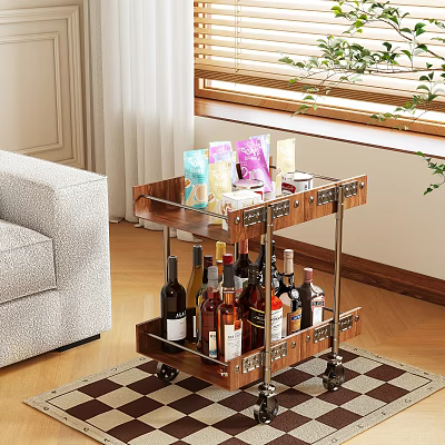 Rolling Metal Frame Side Table With Glass Tray Colorful Boxes Wine Bottles By Sofa 3d model
