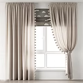 Beige Curtains with Pom Pom Trim and Cloud Pattern Design for Home Decoration
