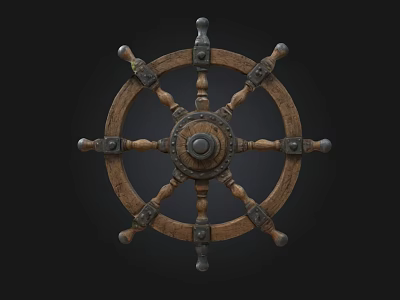 Vintage Wooden Ship Wheel With Metal Accents And Classic Design Elements 3d model