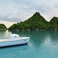 Scenic Garden Landscape on Island with Lush Green Trees and Blue Water Featuring White Yacht
