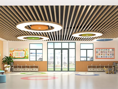 Kindergarten Interior With Wooden Strip Ceiling Colorful Circular Lights Large Windows And Wall Decorations 3d model