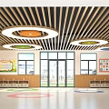 Kindergarten Interior With Wooden Strip Ceiling Colorful Circular Lights Large Windows And Wall Decorations