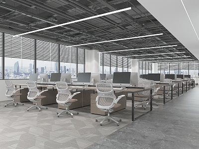 Modern Public Office Area Company Public Office Area Workstation Office Desk and Chair Computer Desk and Chair Blinds Curtain Pipe Ceiling 3d model