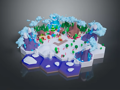 3D Low Poly Snowy Small Town Scenery With Trees Buildings And Ice Mountains 3d model