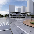 Modern Multi-Story Building Plaza with Pedestrians Trees and High-Rise Background