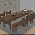 Natural Solid Wooden Table and Chair Set with Bench and Fruits in Cozy Dining Area