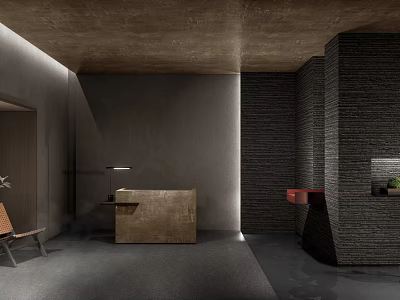 Modern Hotel Lobby Interior With Concrete Reception Desk And Dark Brick Wall Design 3d model