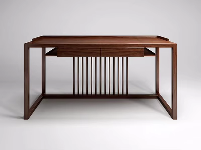 Modern Wooden Desk Featuring Brown Finish Vertical Slats And Straight Legs 3d model