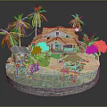 Cartoon Scene Featuring Tropical Island With Sandy Beach Palm Trees and Cozy Cabin