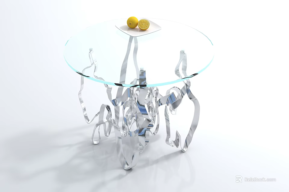 Circular Glass Top Coffee Table With Silver Sculptural Base And Yellow Fruits On Plate 3d model 