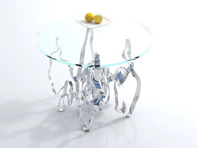 Circular Glass Top Coffee Table With Silver Sculptural Base And Yellow Fruits On Plate 3d model