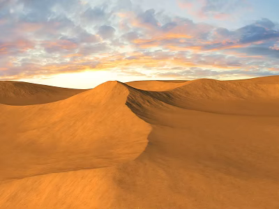 Golden Desert Landscape With Rolling Sand Dunes And Vibrant Sunset Sky 3d model
