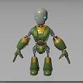 Robot Character With Silver Head Blue Eyes Green Yellow Metallic Body 3D Model Standing Pose