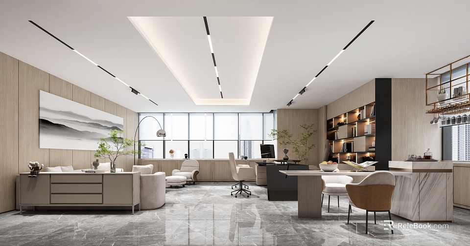 Modern Office Break Room Interior With Open Design Large Windows Light-colored Furniture And Green Plants 3d model 