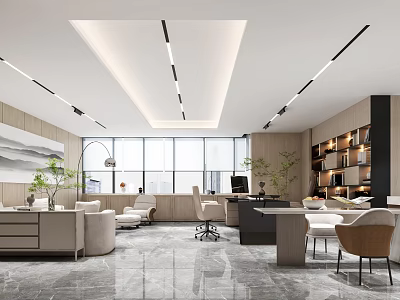 Modern Office Break Room Interior With Open Design Large Windows Light-colored Furniture And Green Plants 3d model