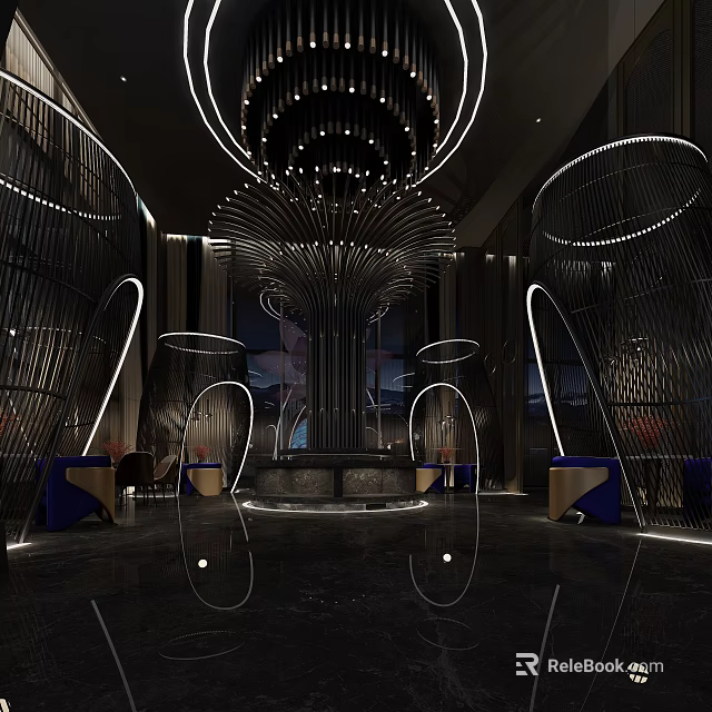Modern Sophisticated Club Lobby With Chandelier Metal Decorations Blue Sofas And Mirrored Floors 3d model 