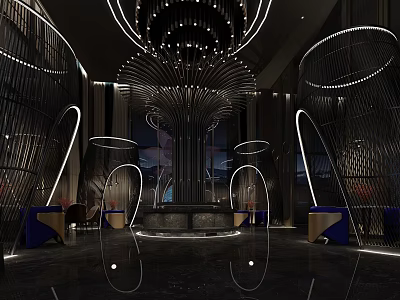 Modern Sophisticated Club Lobby With Chandelier Metal Decorations Blue Sofas And Mirrored Floors 3d model