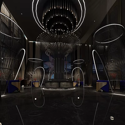 Modern Sophisticated Club Lobby With Chandelier Metal Decorations Blue Sofas And Mirrored Floors 3d model
