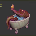 Cute Cartoon Crocodile Taking a Bath in White Bathtub With Yellow Rubber Duck